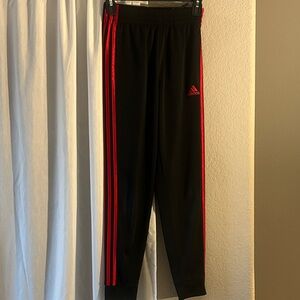 Adidas Boys Black Joggers with Red Stripes